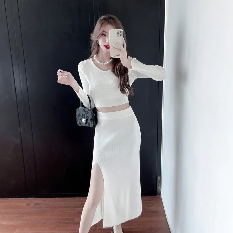 

Sweet Hot Girl Suit Women's Autumn Thread V-neck Short Top High Waist Knitted Slit Skirt Two-piece Set Fashion Female Clothes
