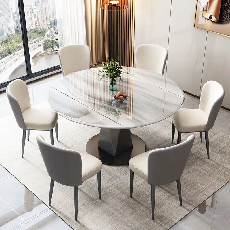 Household telescopic supercrystalline stone folding rotating household microcrystalline stone modern simple round eating