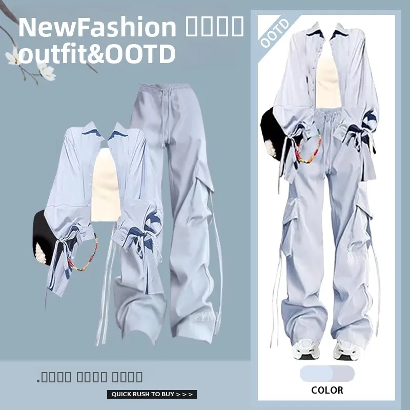 

Осенний сезонный женский комплект одежды Dopane Long Sve V-Ne irt, рабочая одежда с высокой талией, брюки, футболка, ансамбль синего цвета