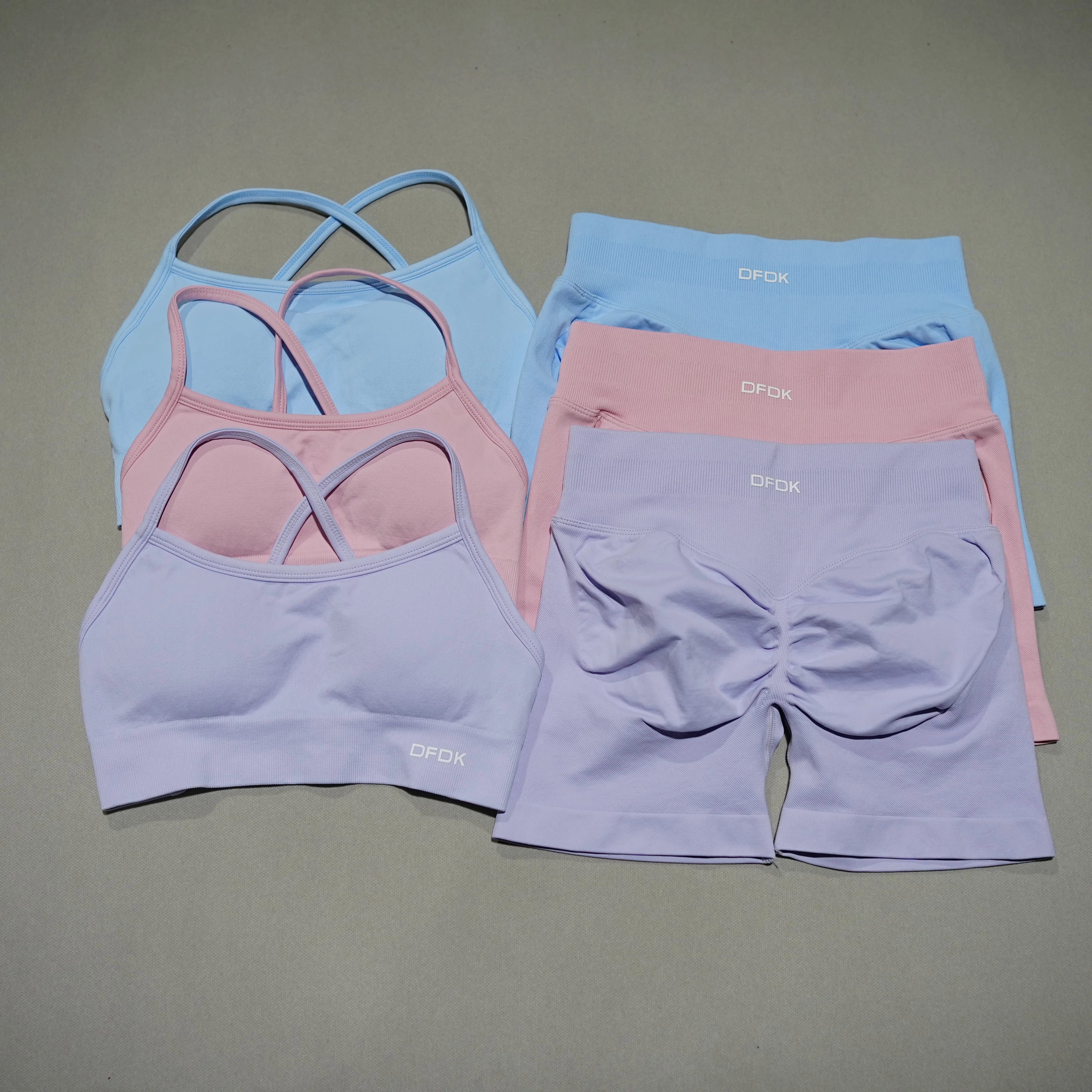 DFDK Women Seamless 2 Piece Workout Set Lace Up Sports Bra High Waist Short Leggings Yoga Gym Cycling Running Activewear