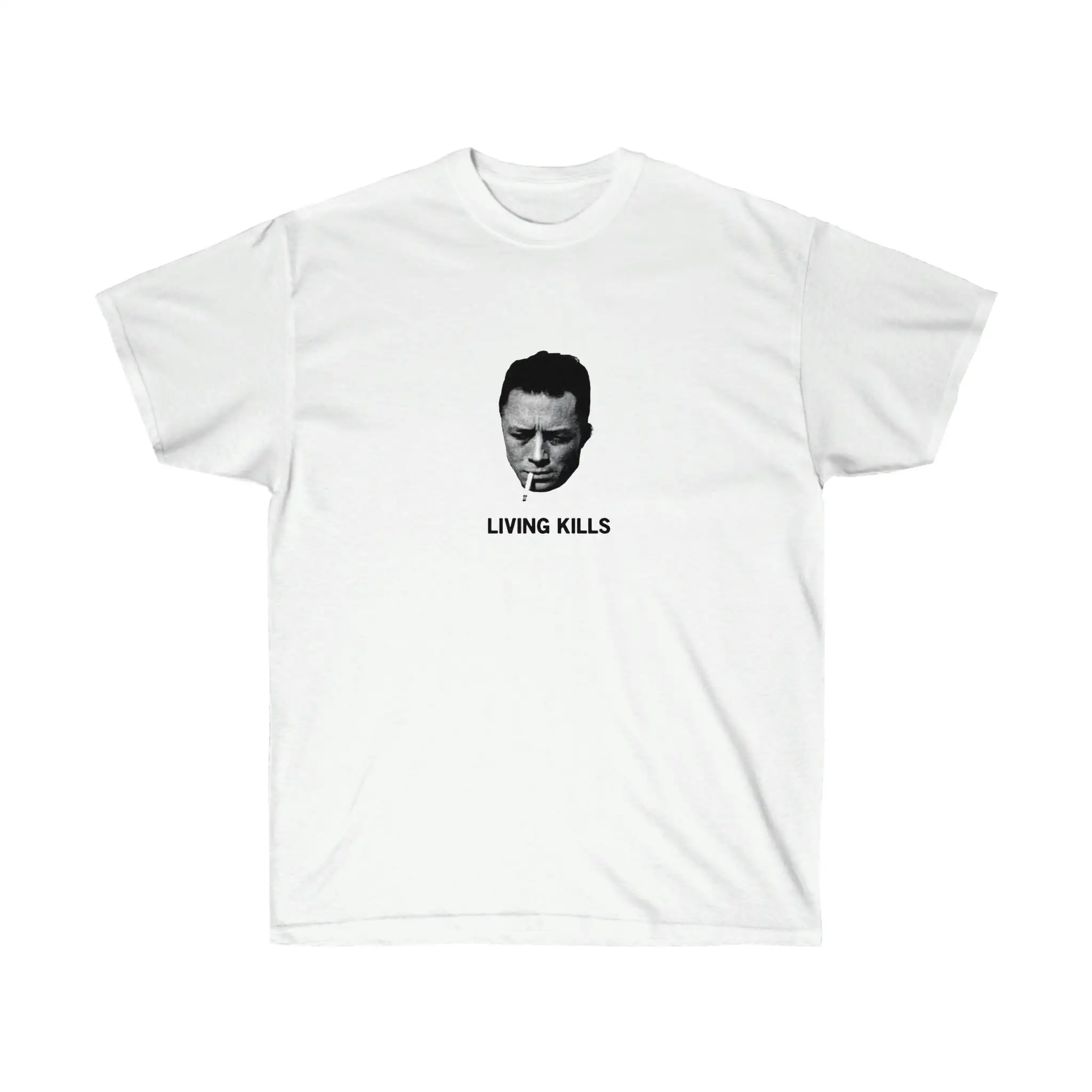 

Albert Camus Living Kills T Shirt Classic Fit Cotton with Cool Print of Smoking and 'Living Kills' Quote