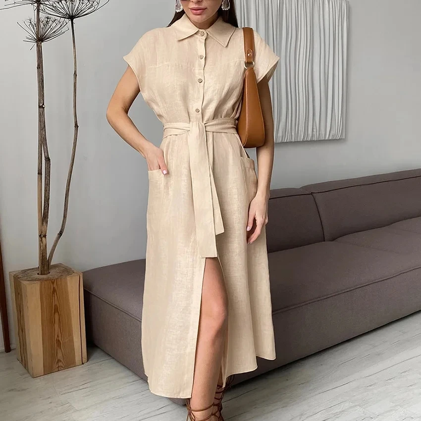 

2026 New Light Mature Style Short Sleeve Shirt Dress High Waist Tie Elegant Design Side Slit Long Dress Multiple Colors Option