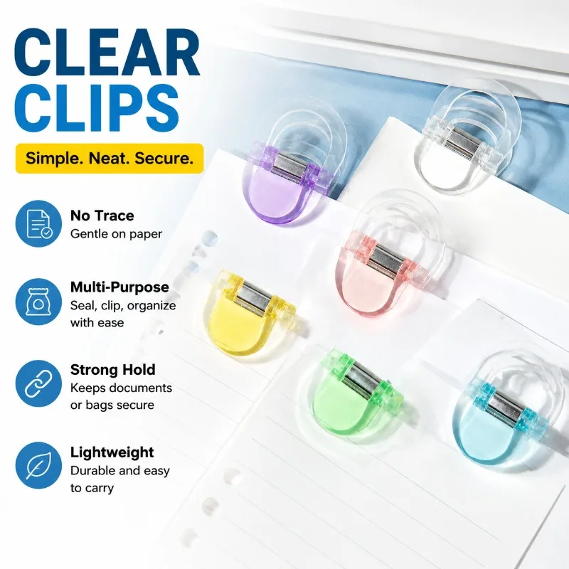 Clear Transparent Long Tail Paper Clips, Office Binder Clips, No Trace Document Fasteners, Snack Bag Sealing Clips
