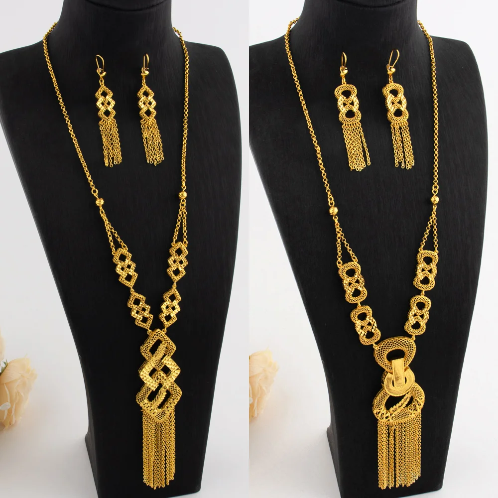 

Luxury Gold Plated Long Chain Necklace Earrings Set for Women India Noble Nigeria Bride Jewelry Gift for Wedding Party