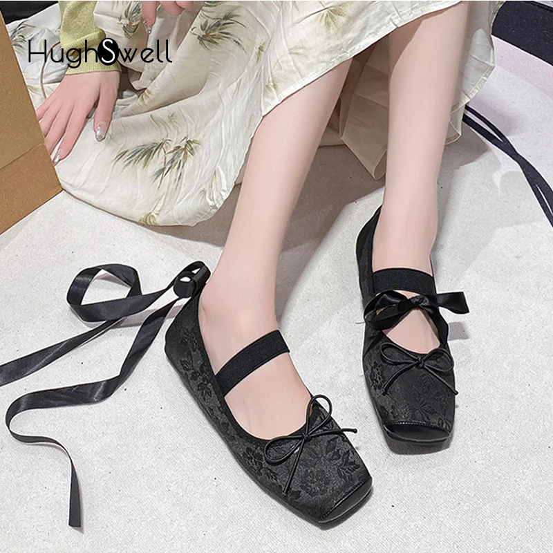 Luxury Floral Jacquard Satin Silk Ballet Flat Woman Elegant Square Toe Lace Tie Leg Bowknot Ballerinas Ladies Wedding Party Shoe