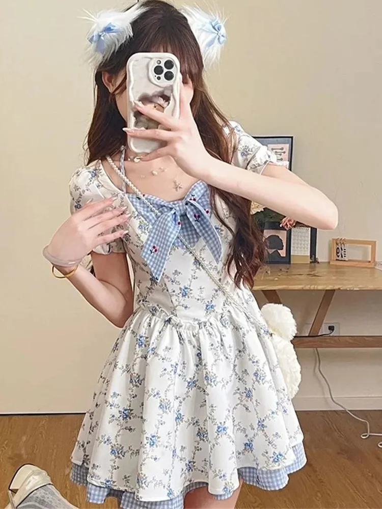 Jmprs lindo vestido Floral con lazo mujeres Kawaii dulce Mini vestido de manga corta Casual Vintage ajustado estilo Preppy señora Japón vestido de Lolita