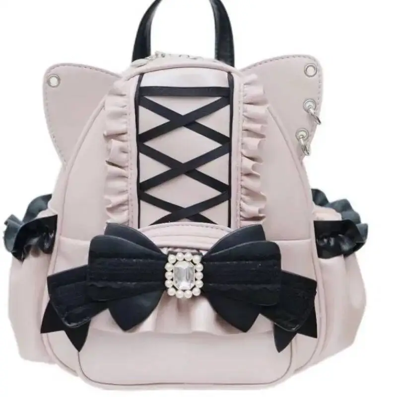Japanese Kawaii Cute Car Ears Backpacks Sweet Y2k Aesthetic Fashion Chic Bow Backpack Women Casual Bandage Schoolbags Students