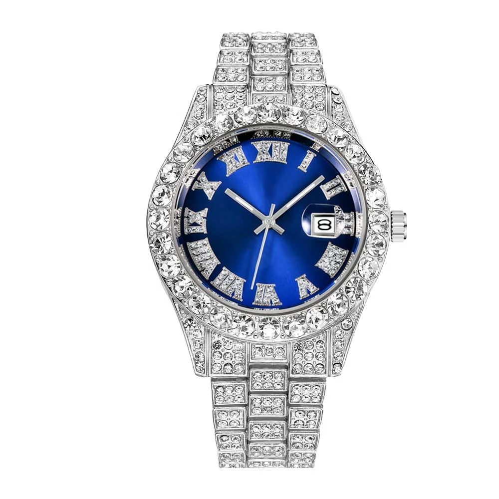 

Luxury Custom Jewelry Hip Hop Full Ice Silver Gold Blue Dial Quartz Diamond Watch Men's Wrist