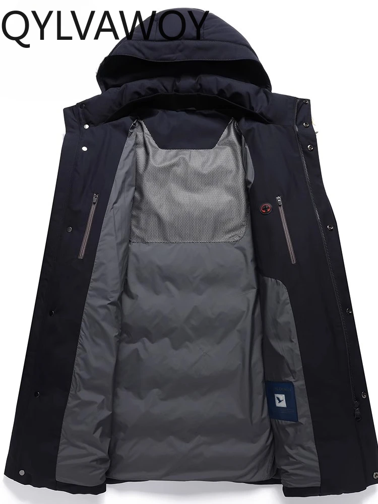 QYLVAWOY 50% ウール メンズ 中年高齢者 ウール & マルベリーシルク 厚手ミッドロングトレンチコート 取り外し可能なフード付きダウンジャケット LJ2083