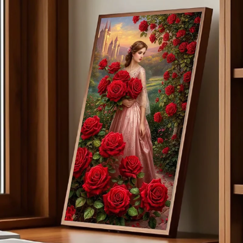 DIY Diamond Painting Princess Red Roses Castle Full Drill Diamond Art Kits Mosaic Embroidery Home Wall Decor Gift for Adults