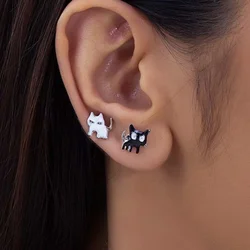 Black and White Cat Asymmetrical Stud Earrings Simple Cute Earrings for Women Casual Daily Accessories New Styles