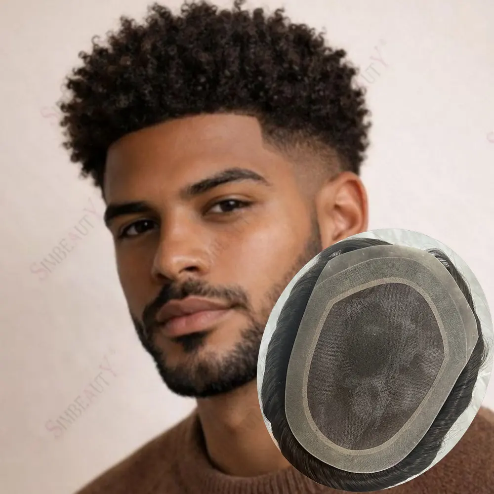 

Мужской парик-накладка из европейских натуральных волос Afro Man, кудрявые, 8-10 мм, для маскировки облысения, прочная моно-основа NPU, незаметный капиллярный протез