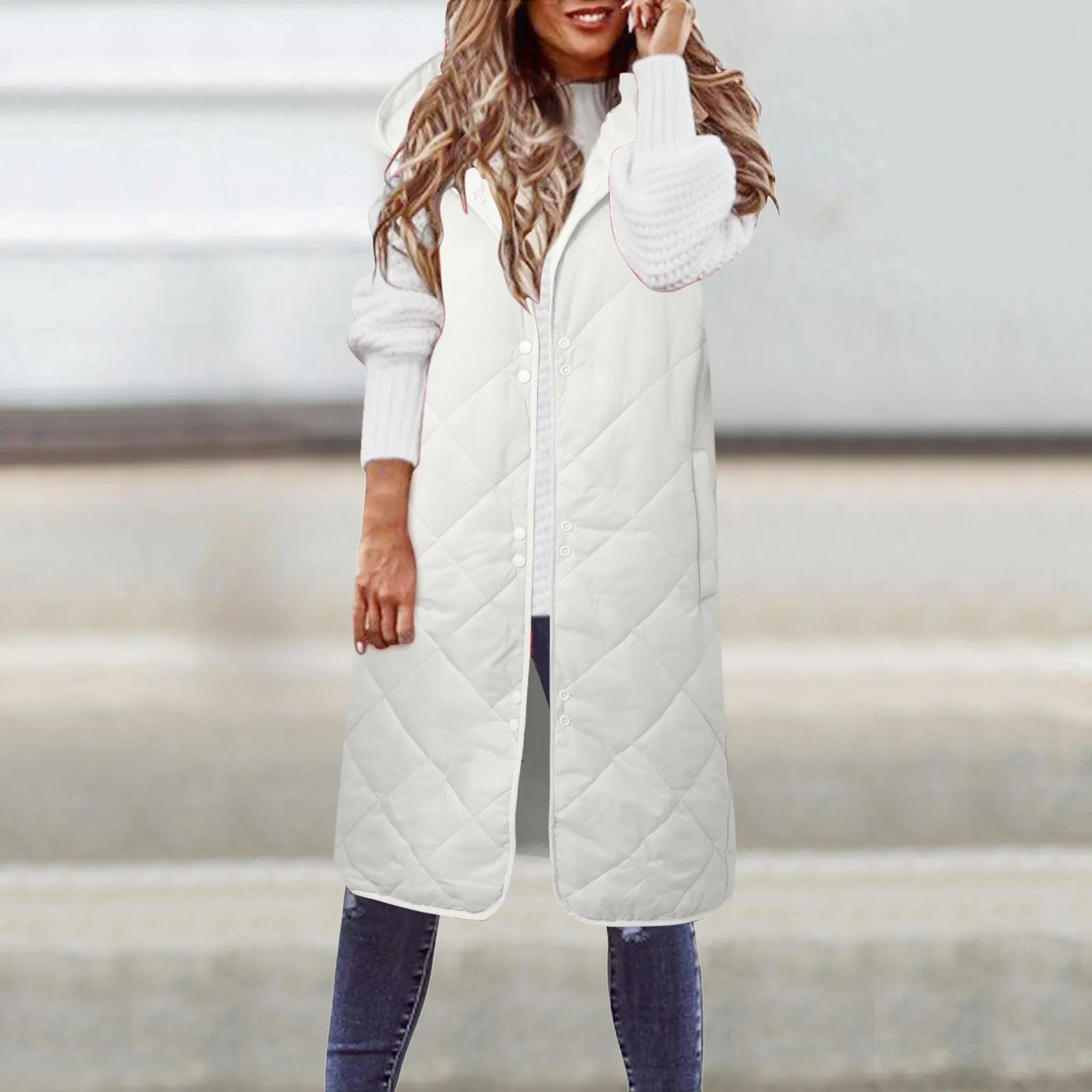 

Тонкий жилет с капюшоном и карманами, Повседневная Свободная стеганая куртка, женский осенне-зимний Универсальный Длинный жилет с прострочкой