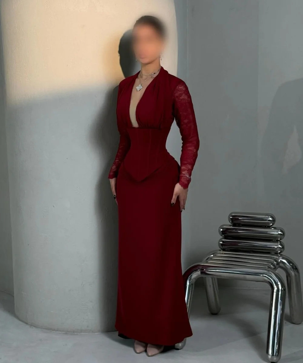 

Customized Elegant Jersey Pleat Lace Straight V-neck Long Bespoke Occasion Celebrity Dresses Classic High Quality