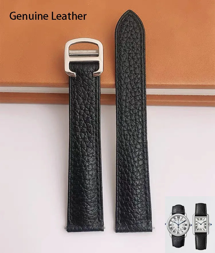 Genuine Leather Watch Strap Suitable for Cartier Santos Tank Solo Watchband Cowhide Watchstrap Black
