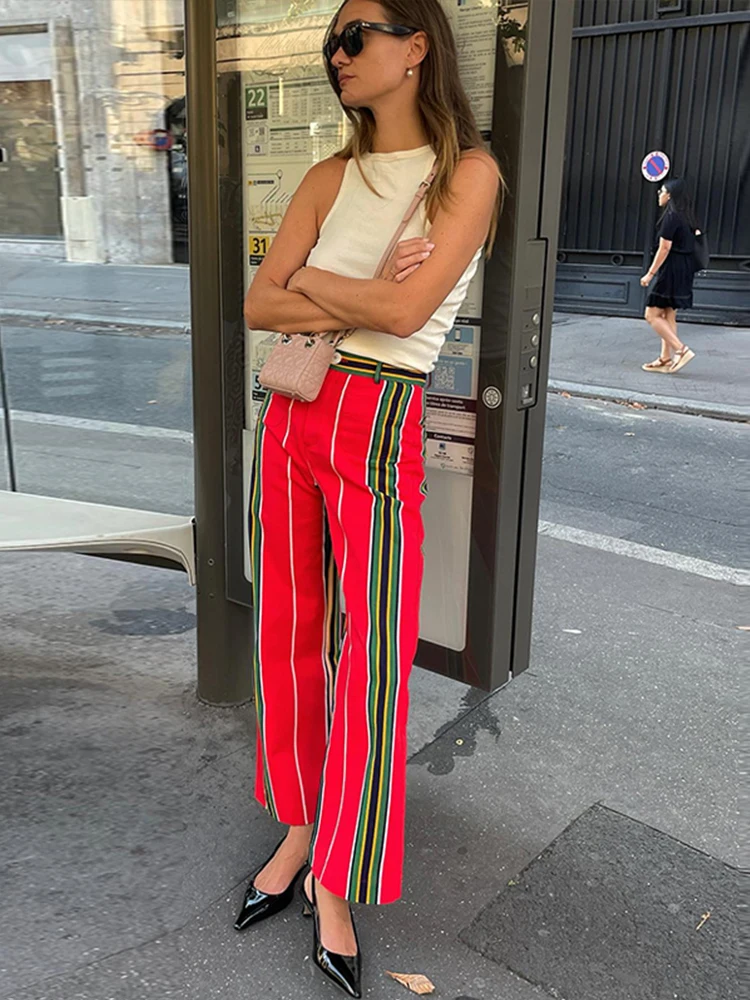 Fashion Striped Long Pants For Women 2024 Autumn High Waist Zipped Pockets Straight Trouser Female Chic Street Wide Leg Pants