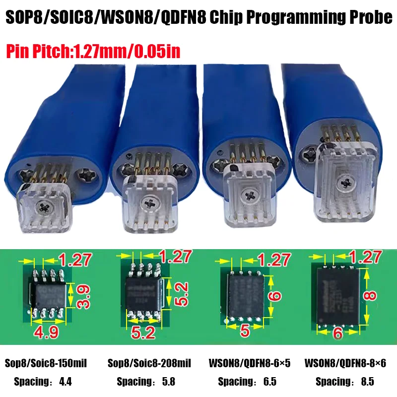 4Pcs SOP8/WSON8/VSON8/QDFN8 Chip Programming Probe Kit, Spring Pin Flash EEPROM Burner with MIL Probe Wire
