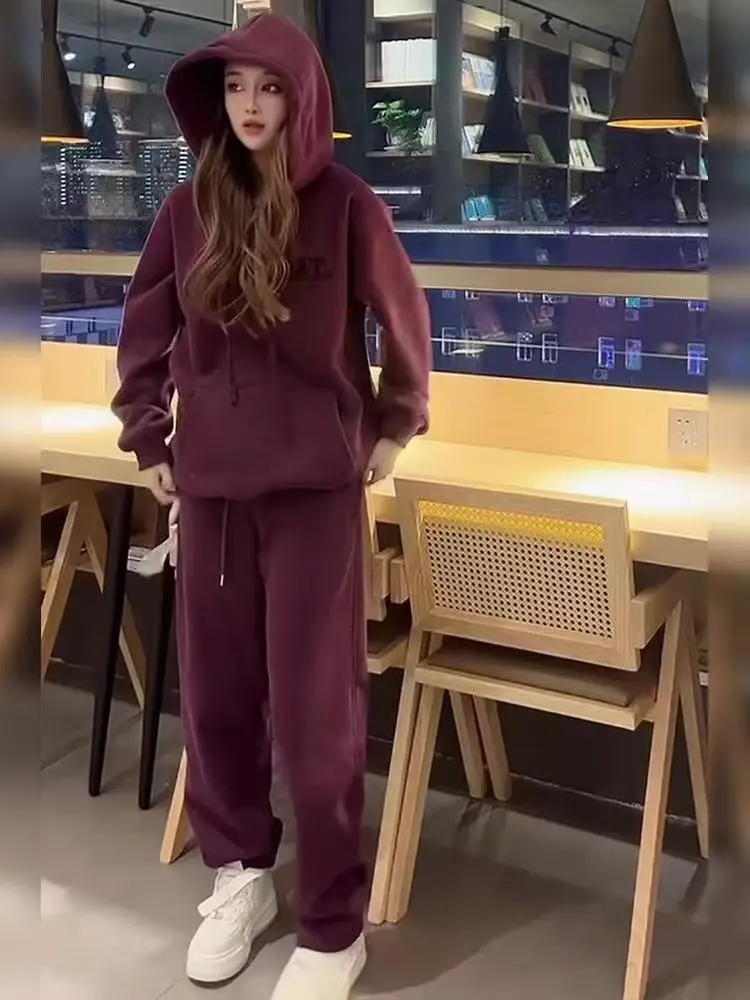 순면 캐주얼 스포츠 세트 여성용 가을 겨울 한국 버전 루즈하고 패셔너블한 여성용 투피스 세트