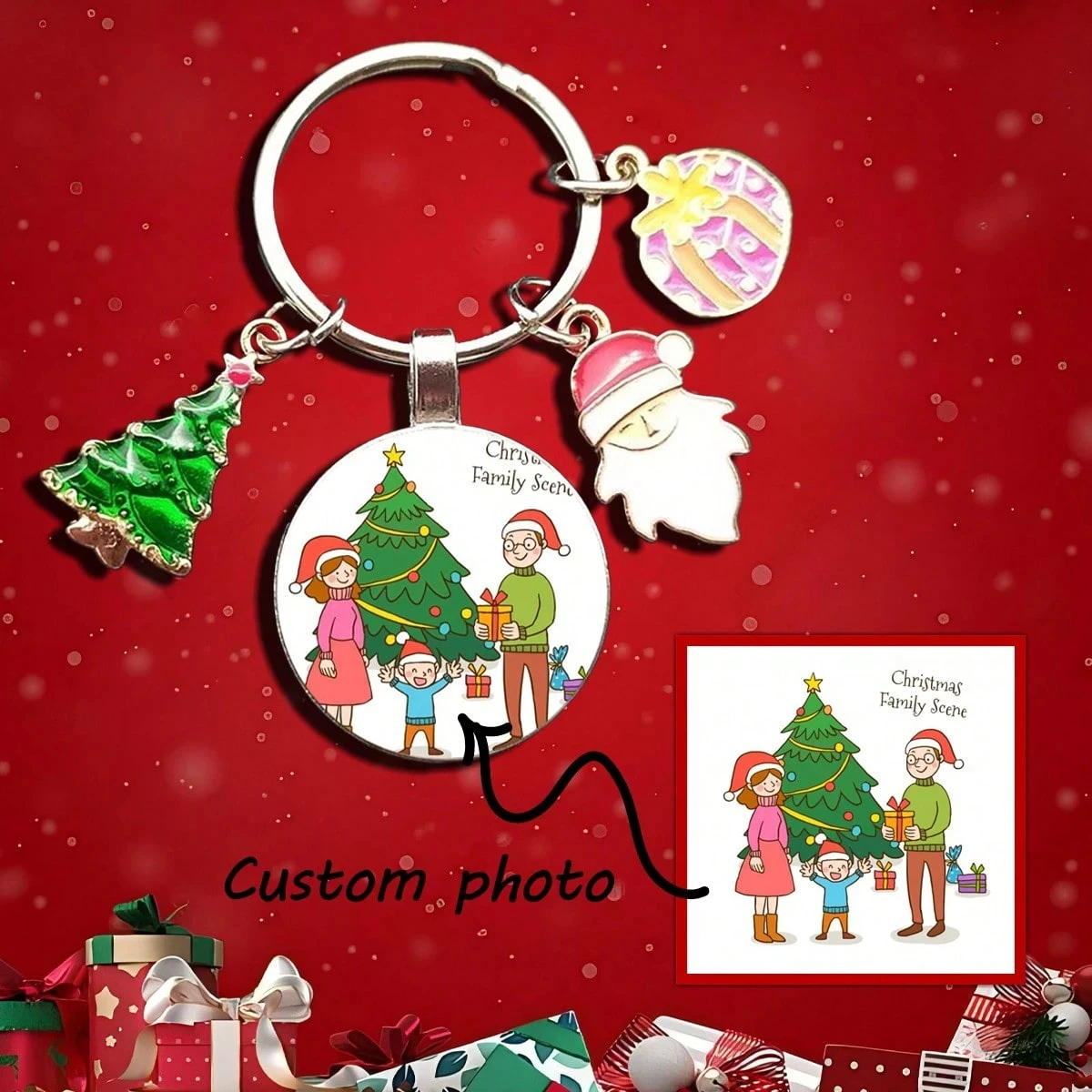 Custom Photo Glass Pendant Keychain with Santa & Christmas Tree, Perfect New Year Gift for Family & Friends