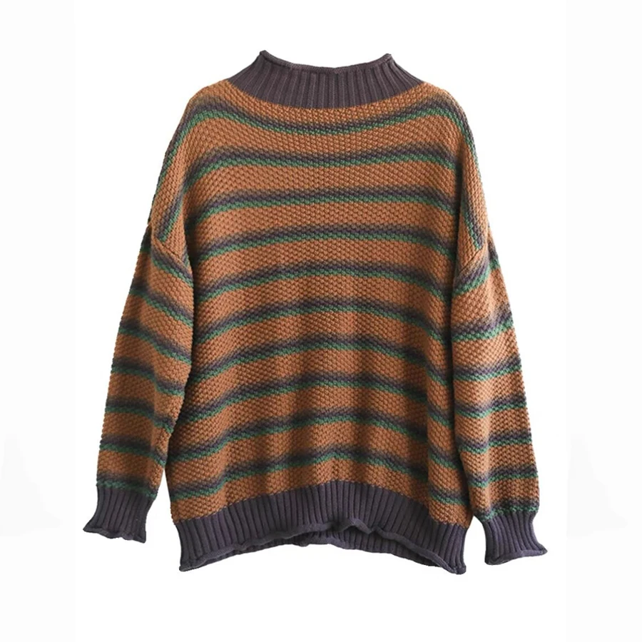 Autumn Winter Vintage Literary Loose Versatile Striped Women Sweater Fashion Turtleneck Elegant Casual Hipster Female Knitwear