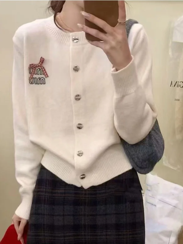 

Gray round Neck Knitted Open Cardigan Women's Embroidered Knot Simple Versatile Autumn Winter Korean Style Slim Lon...