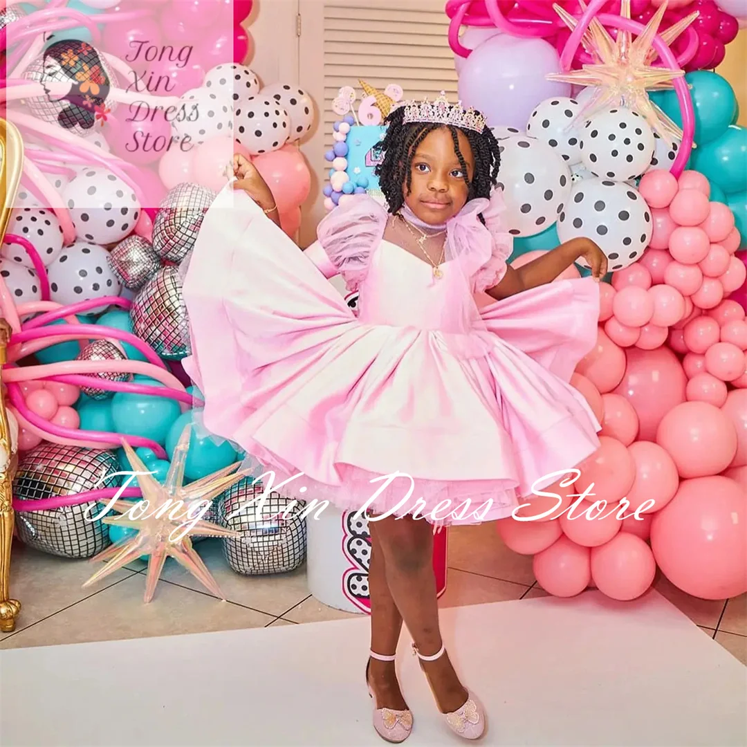 

Pink Flower Girl Dresses For Wedding Satin Knee Length Princess Baby Girl Prom Gown for Photoshoot First Communion Gowns
