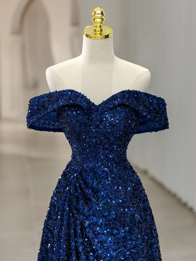 

Ele плюс размер синее вечернее платье с пайетками женское одиночное платье для похудения трапециевидной формы для свадьбы и банкета