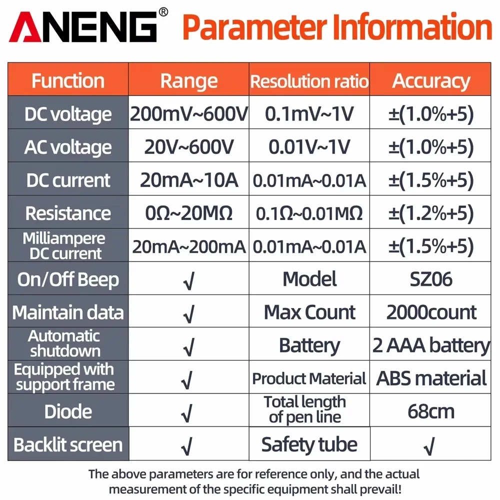Imagem -05 - Aneng-multímetro Digital Inteligente 2000 Contagem Medidor de Tensão ac dc Corrente Ohm Tester Ferramentas Elétricas Medição Device Sz06