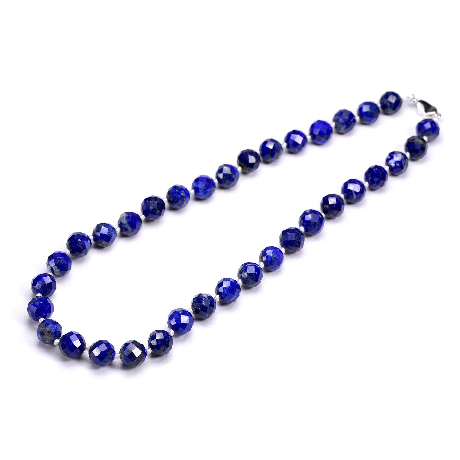 10MM High Quality Natural Faceted Lapis Lazuli Beads Necklace for Women Men Silver 925 Buckle Chokers Jewelry Female Hand Knotte