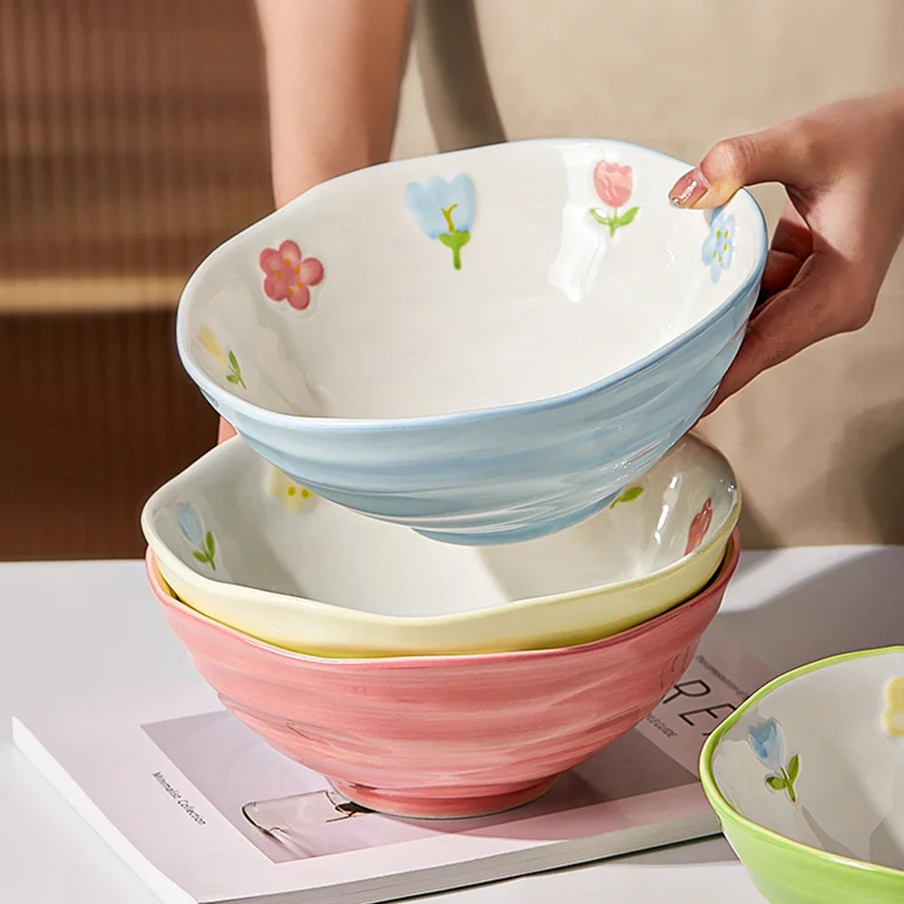 7Inches Ceramic Bowl Underglaze Floral Pattern Noodle Bowls Household Ramen Bowls Kitchen Durable Breakfast Congee Deep Bowl