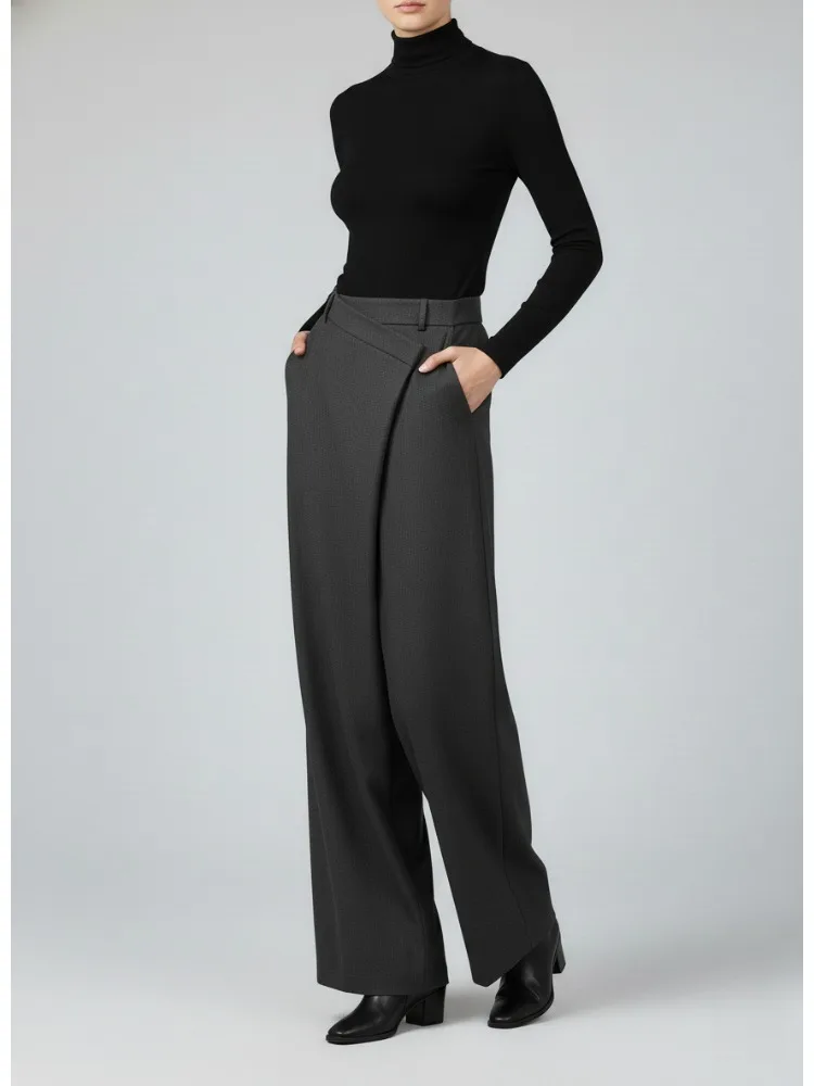 미수오 2026 신상 여성 와이드 레그 테일러드 팬츠 다크 그레이 랩 웨이스트 비즈니스 캐주얼 럭셔리 워크웨어 팬츠 비대칭 바텀