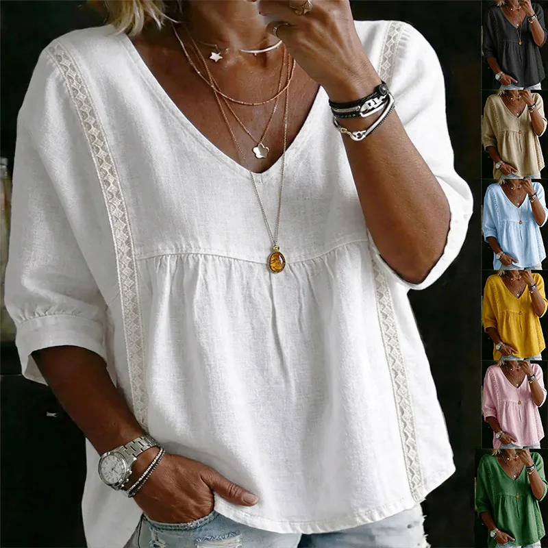 

2026 New Women's Blouses Fashion Plus Size Casual V-Neck Lace Patchwork Pullover Solid Color Three-quarter Sleeve Loose Shirts