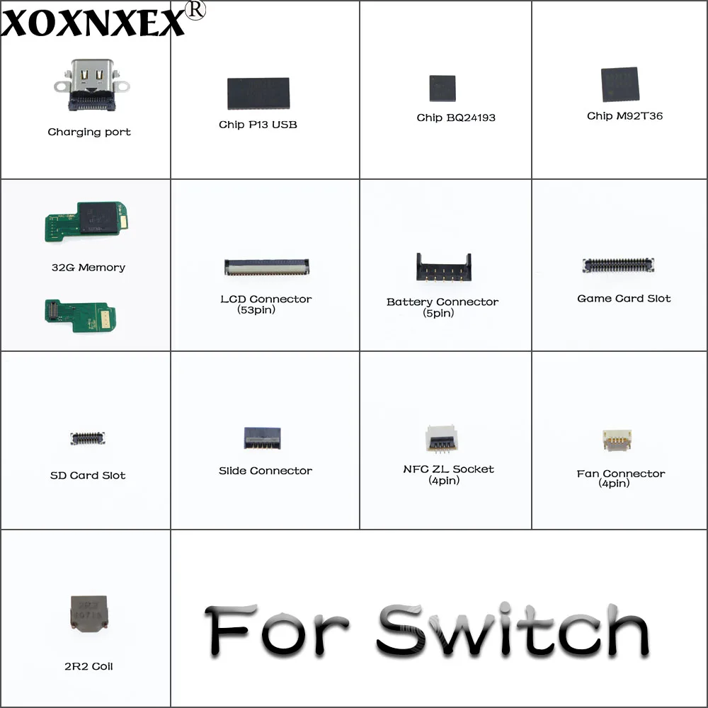

Для материнской платы Switch: чип, порт зарядки Type-C, память 32 ГБ, катушка 2R2, слот для карты, аккумулятор, разъем ZL, ЖК-экран, FPC-коннектор