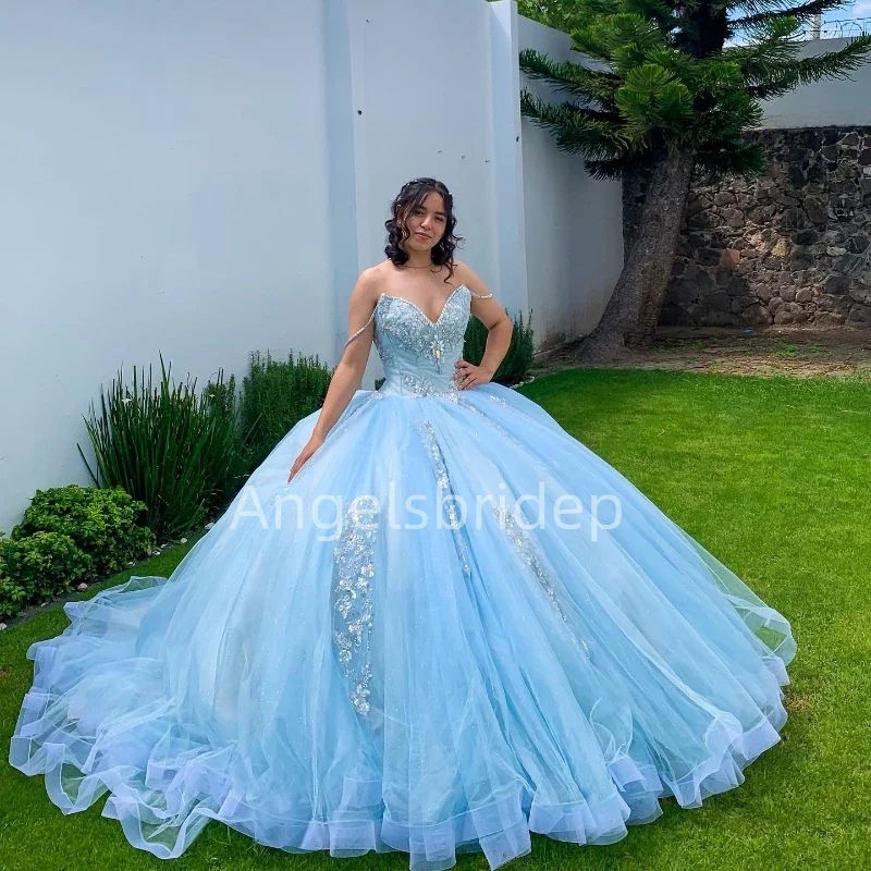 Angelsbride Sky Blue Spaghetti Straps Ball Gown 15 Year Old Quinnceanera Dress Crystal Evening Party Sweet 16 Vestidos De Fiesta