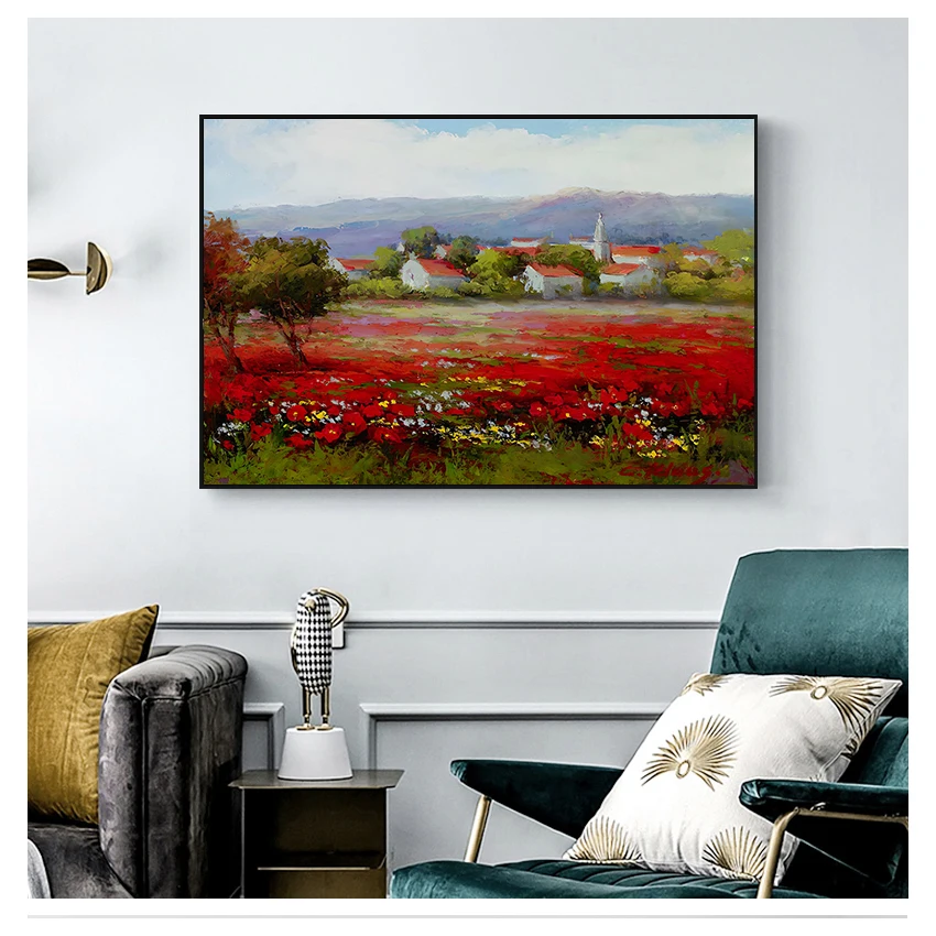 Poppies Landscape Oil Painting on Canvas Modern Pastoral Poster Art Wall Picture for Living Room Print Abstract Wild Red Flower