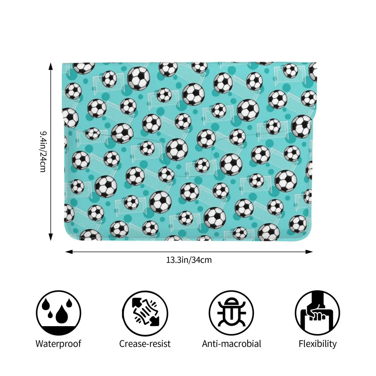 Soccer Ball And Goal Teal Pattern - Teal Soccer PU Leather Horizontal Laptop Sleeve Shockproof Soft Lining Notebook Case 13 Inch