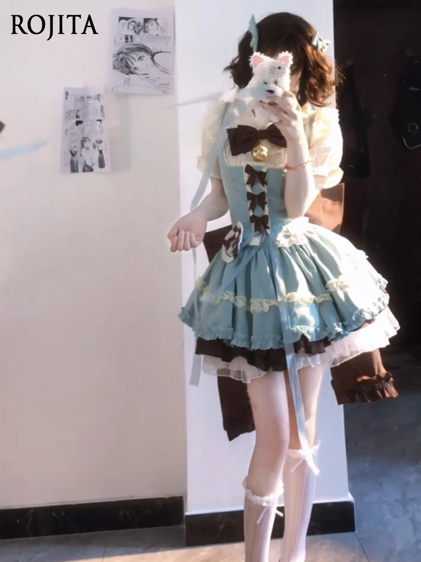 

Cute Sweet Girl Lovely Short Lolita Dress JSK Girl Doll Feel Princess Dress Daily Dress Vest + Skirt + Shirt + Bow and Tail