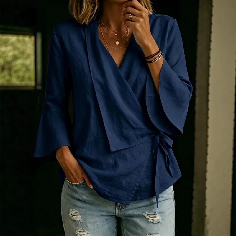 Loose Cotton Linen Top Spring Autumn Artistic Style Exudes Feminine Charm Features  V-neck Seven-inch Flared Irregular Side Tie