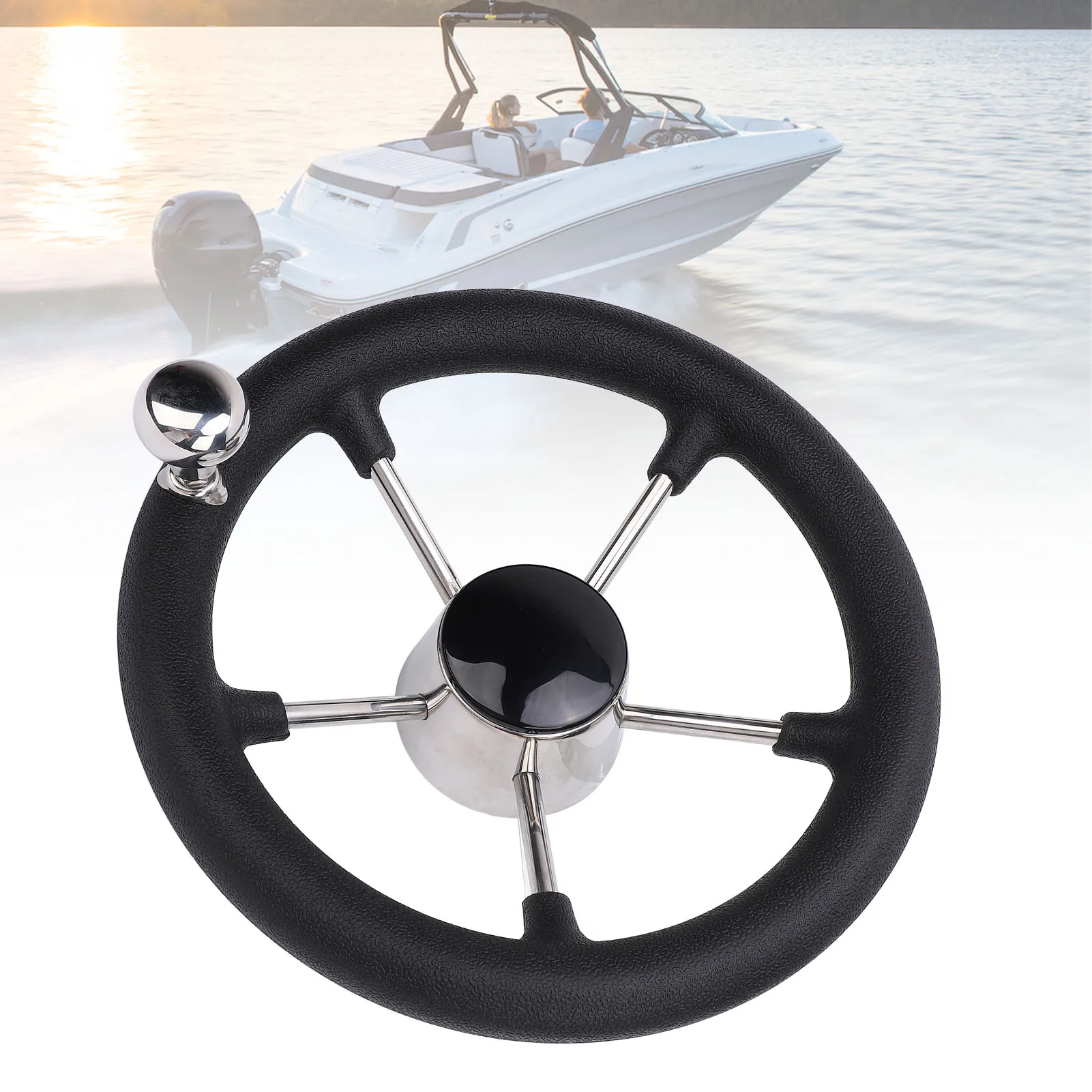 11in Marine Steering Wheel Polished Mirror Effect Foam Grip 5 Spoke Steering Wheel with Turning Knob for 3/4 inch Tapered Shaft