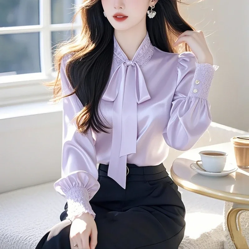 

Satin Women's Blouses Korean Shirts FASHION Loose Spring/Summer Bow Casual Clothing Solid Long Sleeve Women Tops