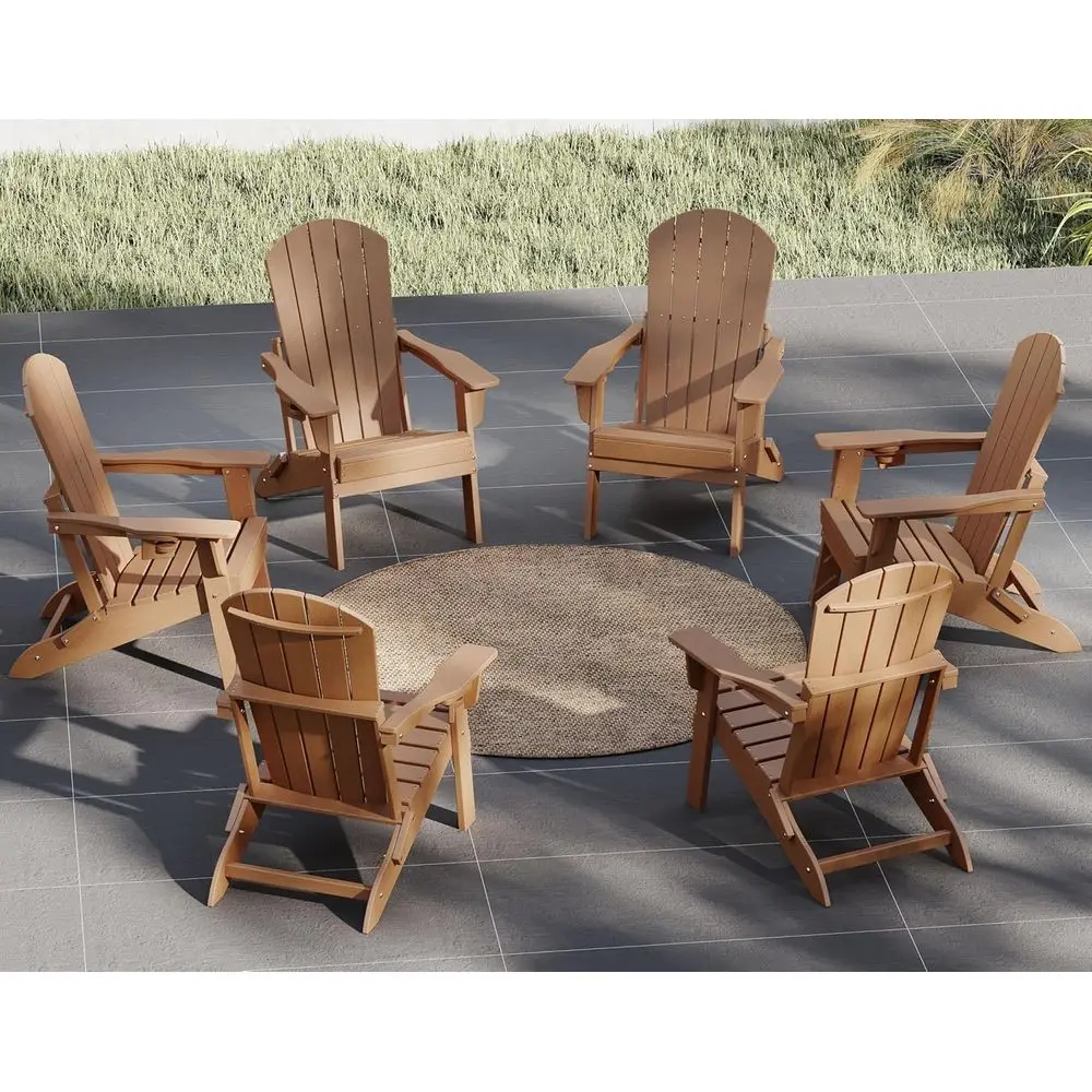

olding Adirondack Chair Set o 6 with Cup Holder，Wooden Textured ，Heavy All-Weather HDPE Comortable Set Poolside Backyard Lawn, T