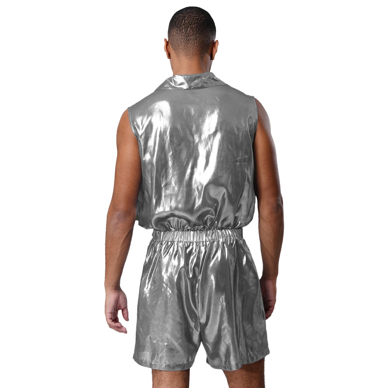 Men See-Through Metallic Chiffon Jumpsuit Lapel Collar Sleeveless Elastic Waist Bodysuit for Nightclub Pole Dancing Raves Party