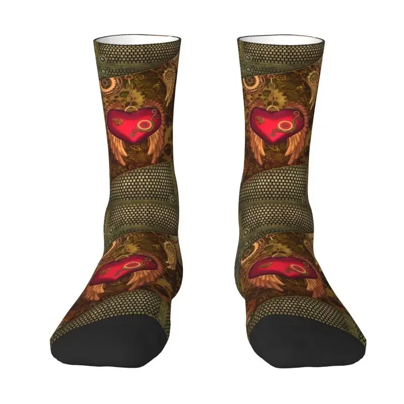 Fun Mens Steampunk Dress Socks Unisex Breathbale Warm 3D Print Heart With Wings Crew Socks