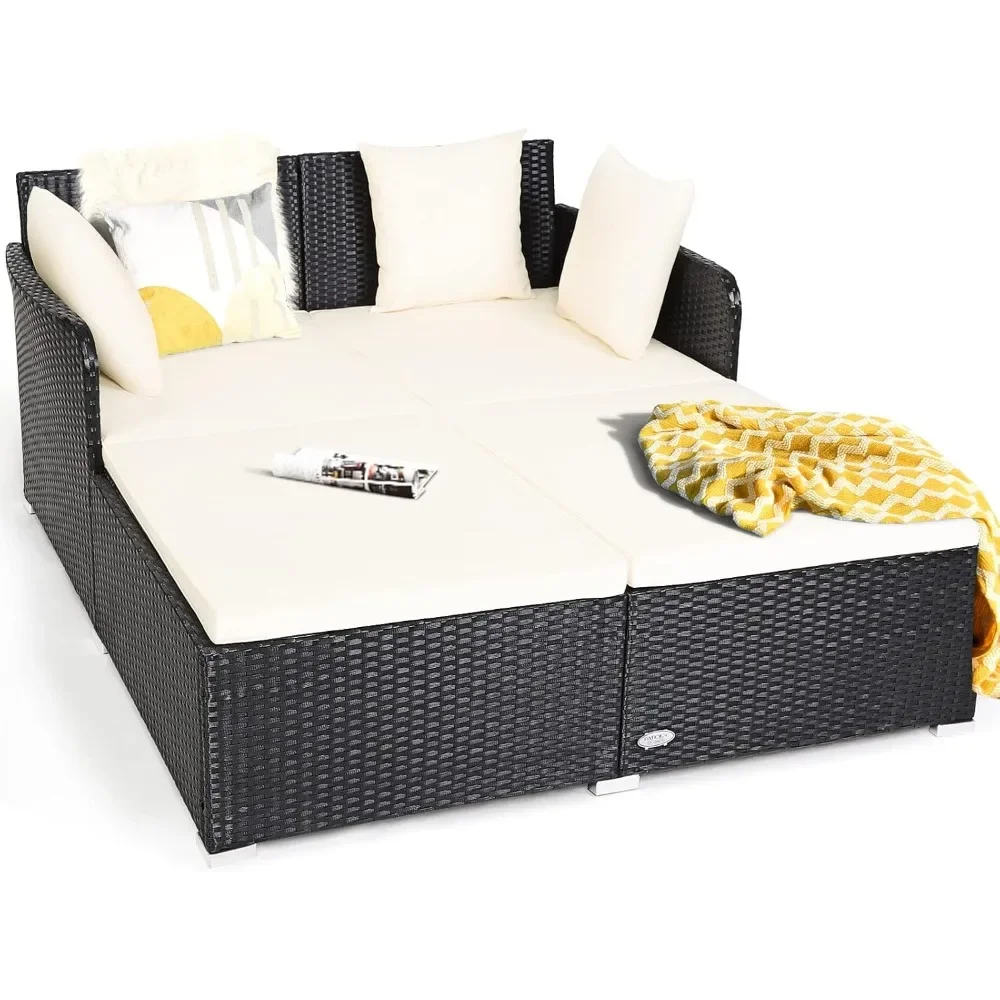 

Outdoor Daybed Rattan Wicker Patio Daybed with Padded Cushions Pillows and Sturdy Aluminum Foot, Patio Sofa Furniture