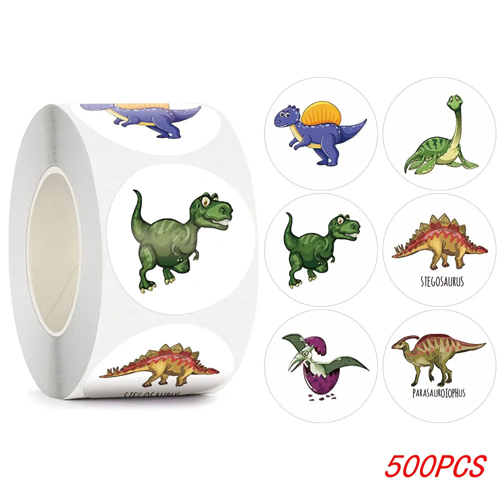 

500pcs 1'' Round Dinosaur Stickers Roll for Kids Teacher Reward Classroom Supplies Animal Incentive Craft Party Game Decor Label
