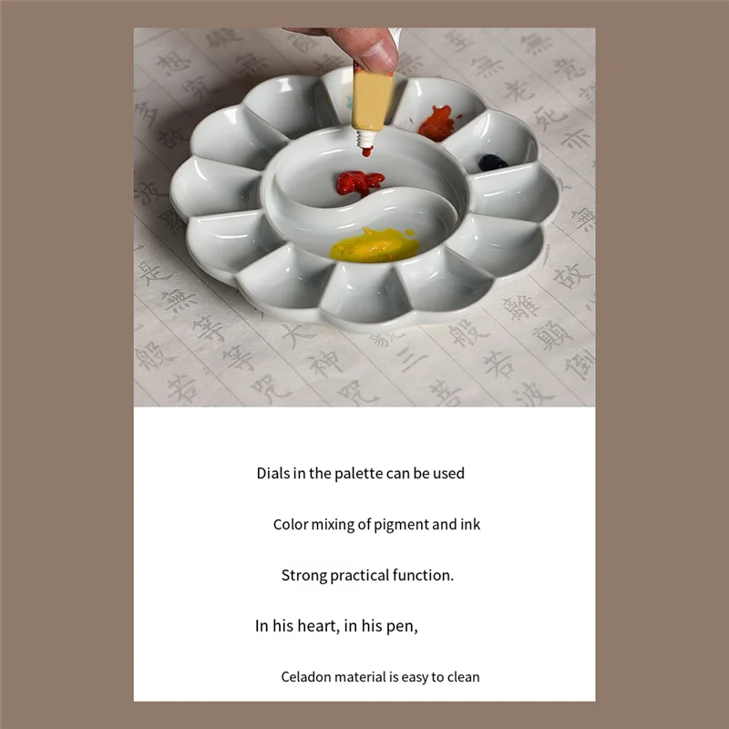 Handmade Celadon Palette Plum Blossom-Shaped Watercolor Paint Tray Ru Kiln  Plate And Pen Holder