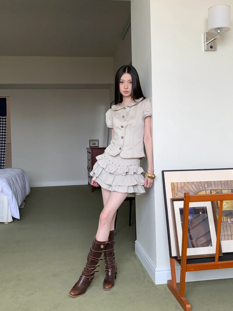 Sweet Cool Spicy Girl Design Cotton Blend Peter Pan Collar Bubble Sleeve Anti-Aging Top Set Huaibei Summer Women's Hanfu view 4