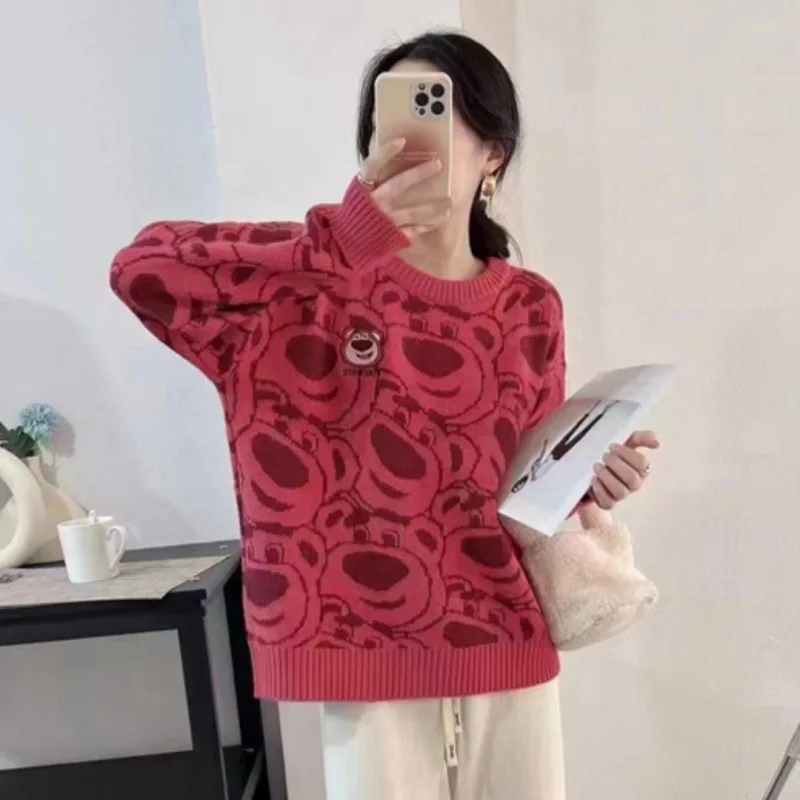 Cartoon Lotso Women Knit Sweater Autumn Winter Cartoon Round Neck Knit Tops Simple Versatile Tops Lovers Warm Pullover Sweater