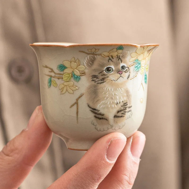 

Chinese Tea Cup Ru Kiln Cute Cat Teacup Single Cup Household Hospitality Teacup Tasting Cup Ceramic Kung Fu Tea Set