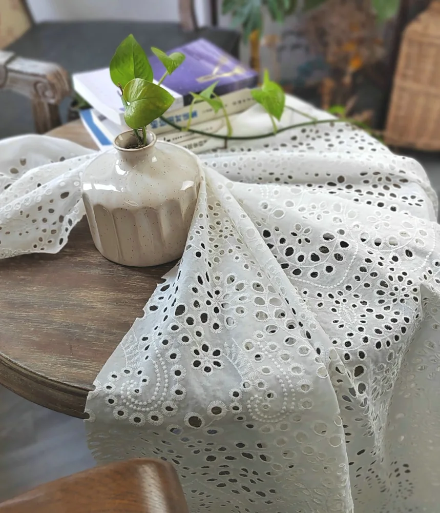 100% White pure cotton embroidery lace fabric eyelect hole embroideried clothing for woman dress apparel with big flower